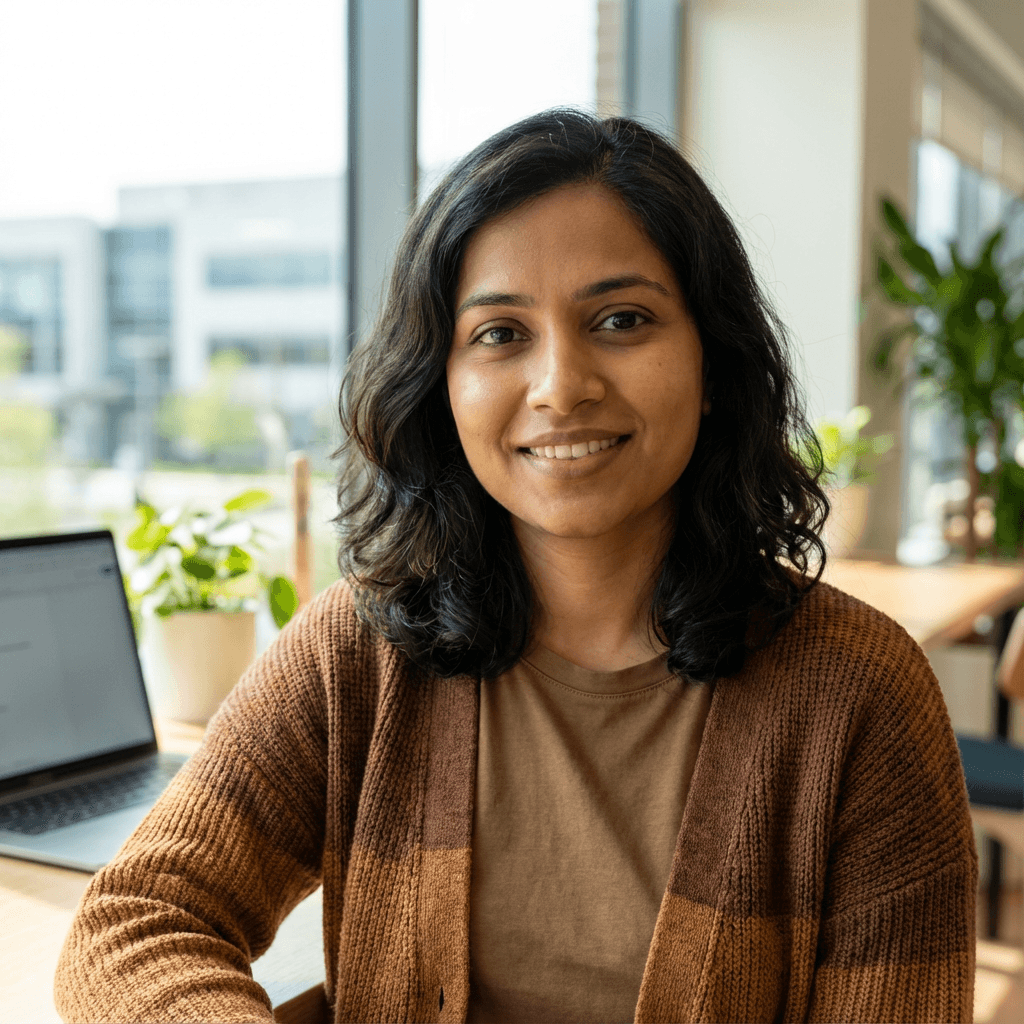 Female security consultant in her mid 30s, South Asian, wearing a business casual blazer