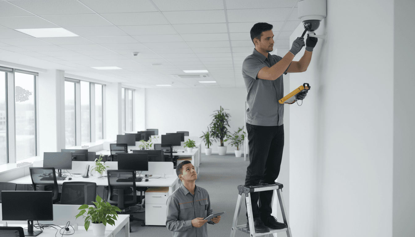Technician installing a security camera in an office