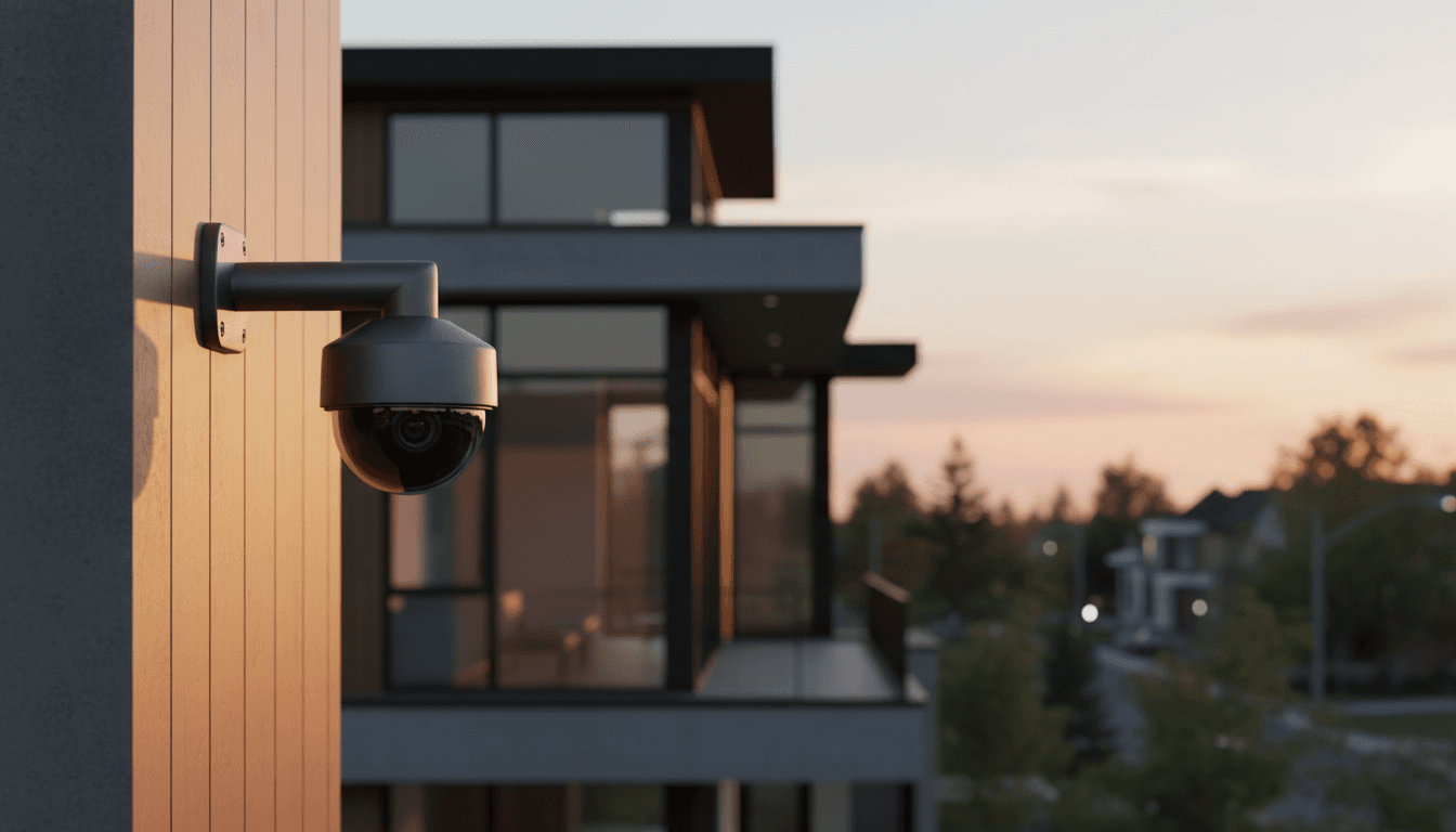 Security camera installed on a modern home exterior