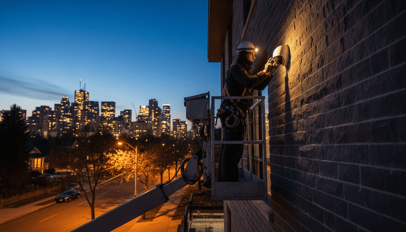 Security technician inspecting a wall-mounted camera on a Toronto home in the evening