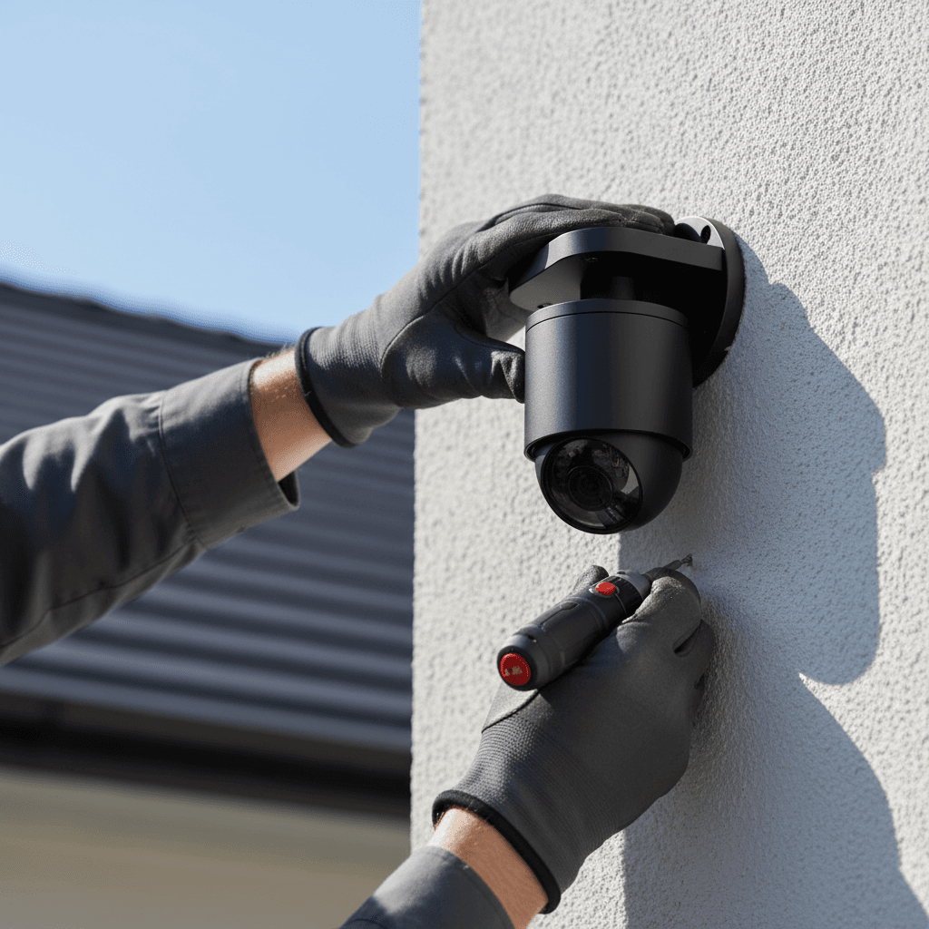 Technician installing bullet camera on storefront