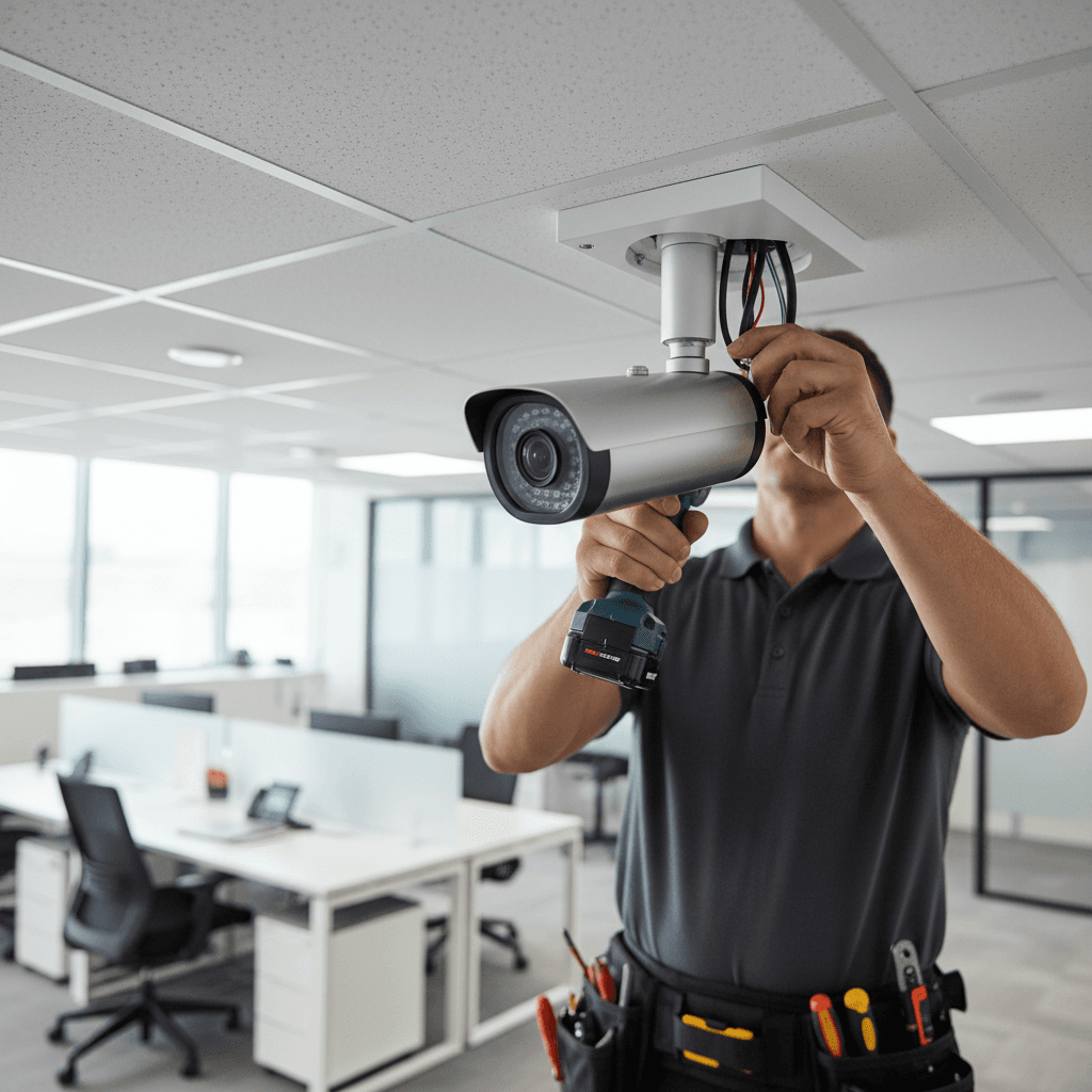 Security technician installing a camera on a building in Toronto