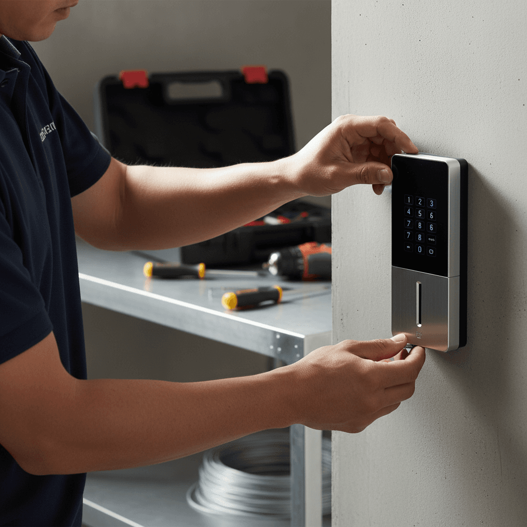 Technician installing a security alarm keypad inside a home