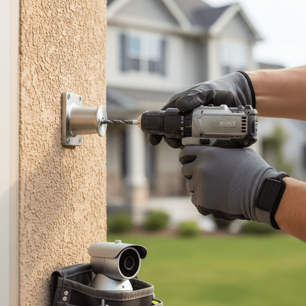Technician mounting a security camera on a brick wall