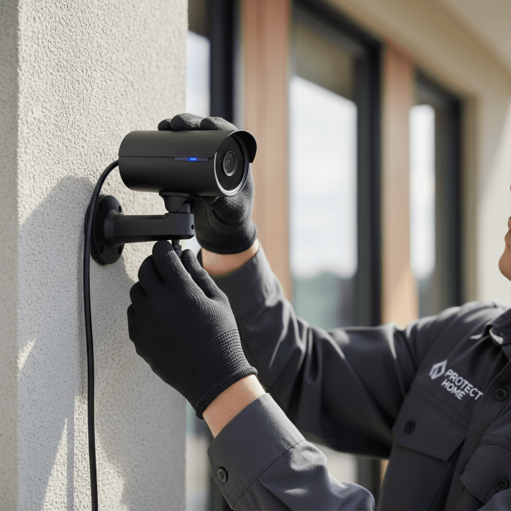 Security camera mounted on a residential brick wall