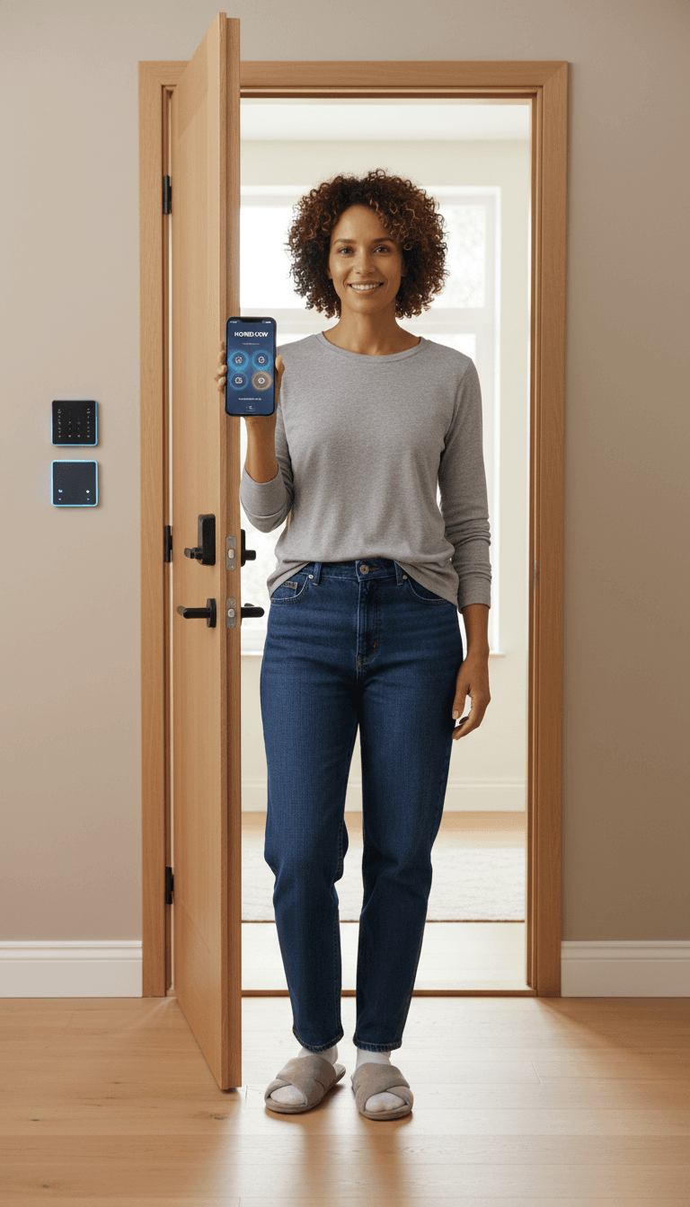 Security technician reviewing a property plan on a smartphone outdoors